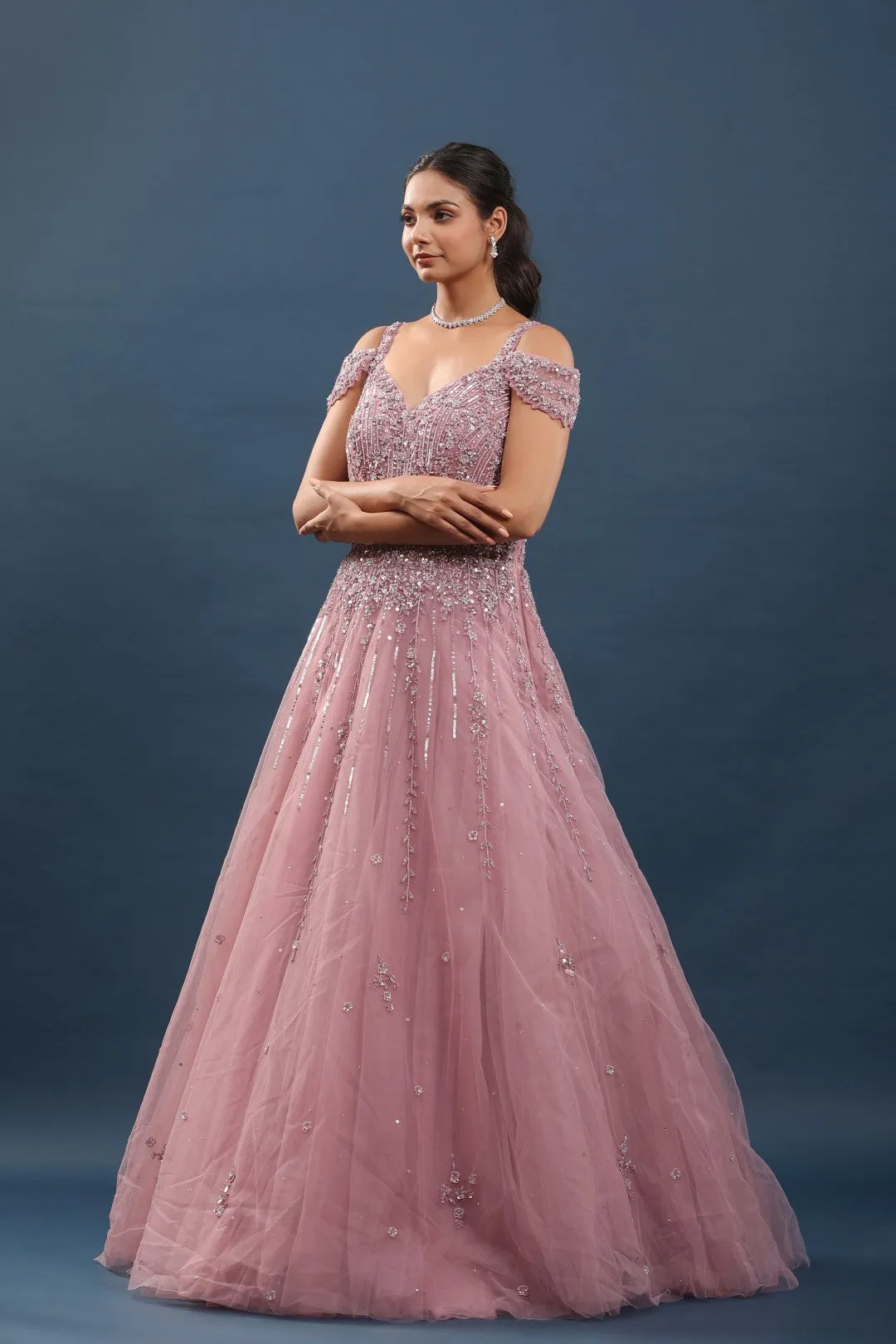Onion Pink Beads and Resham Embroidered Gown with Cold Shoulder