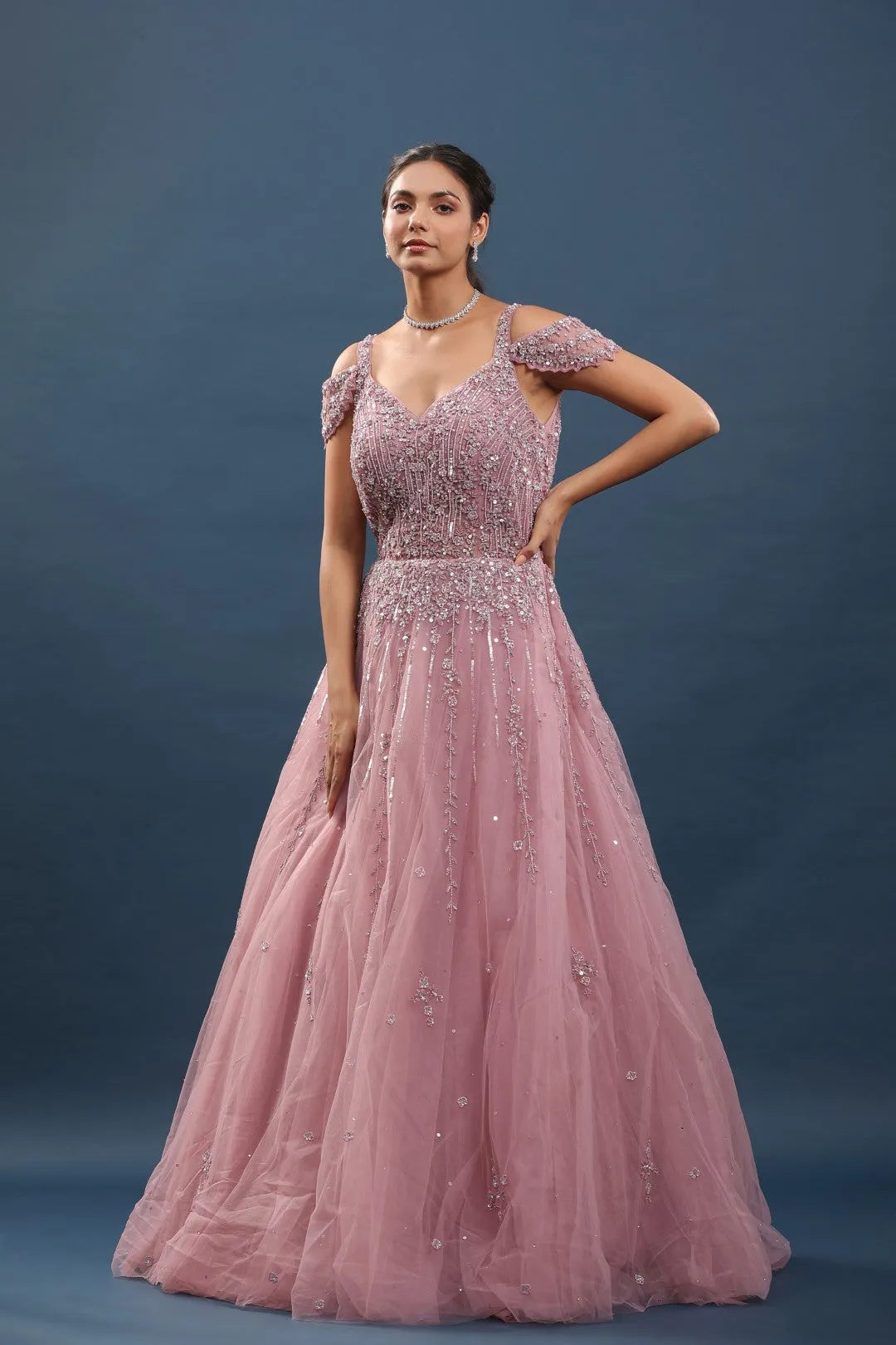 Onion Pink Beads and Resham Embroidered Gown with Cold Shoulder
