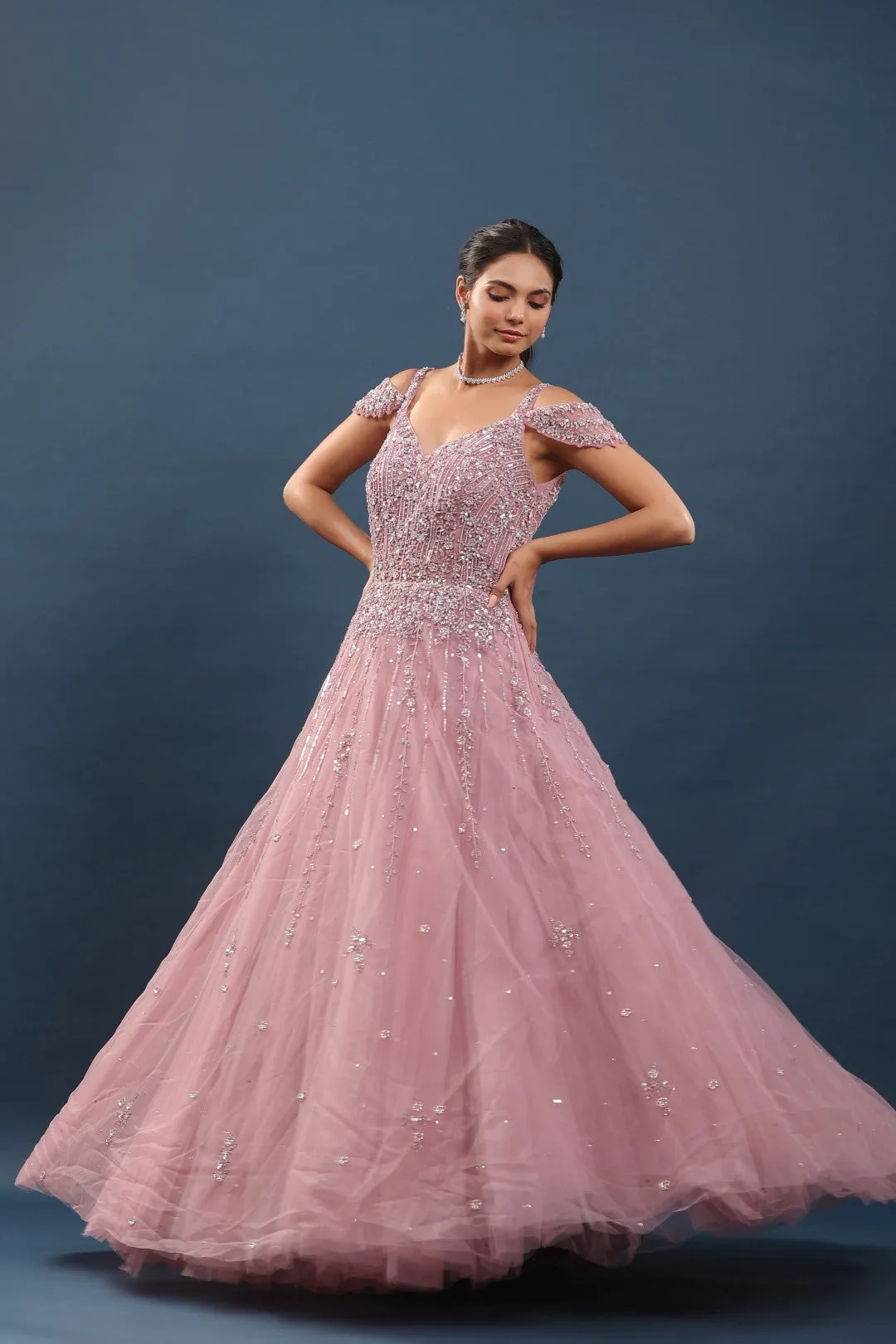Onion Pink Beads and Resham Embroidered Gown with Cold Shoulder