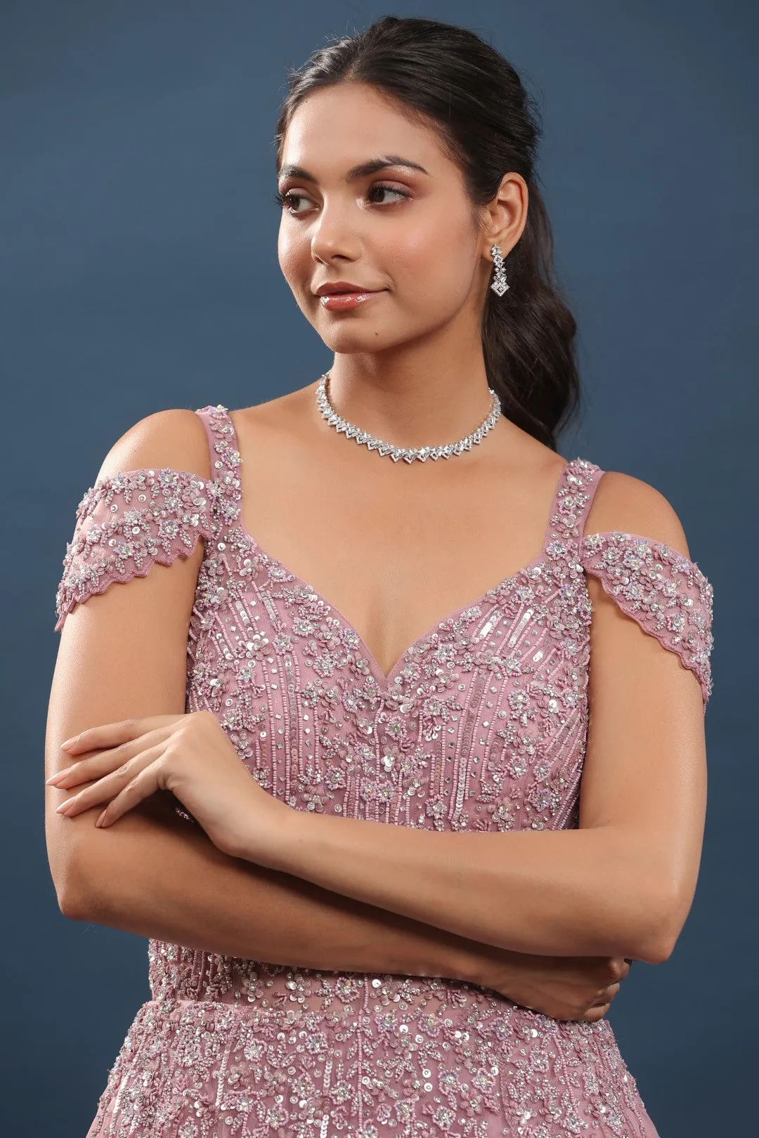 Onion Pink Beads and Resham Embroidered Gown with Cold Shoulder
