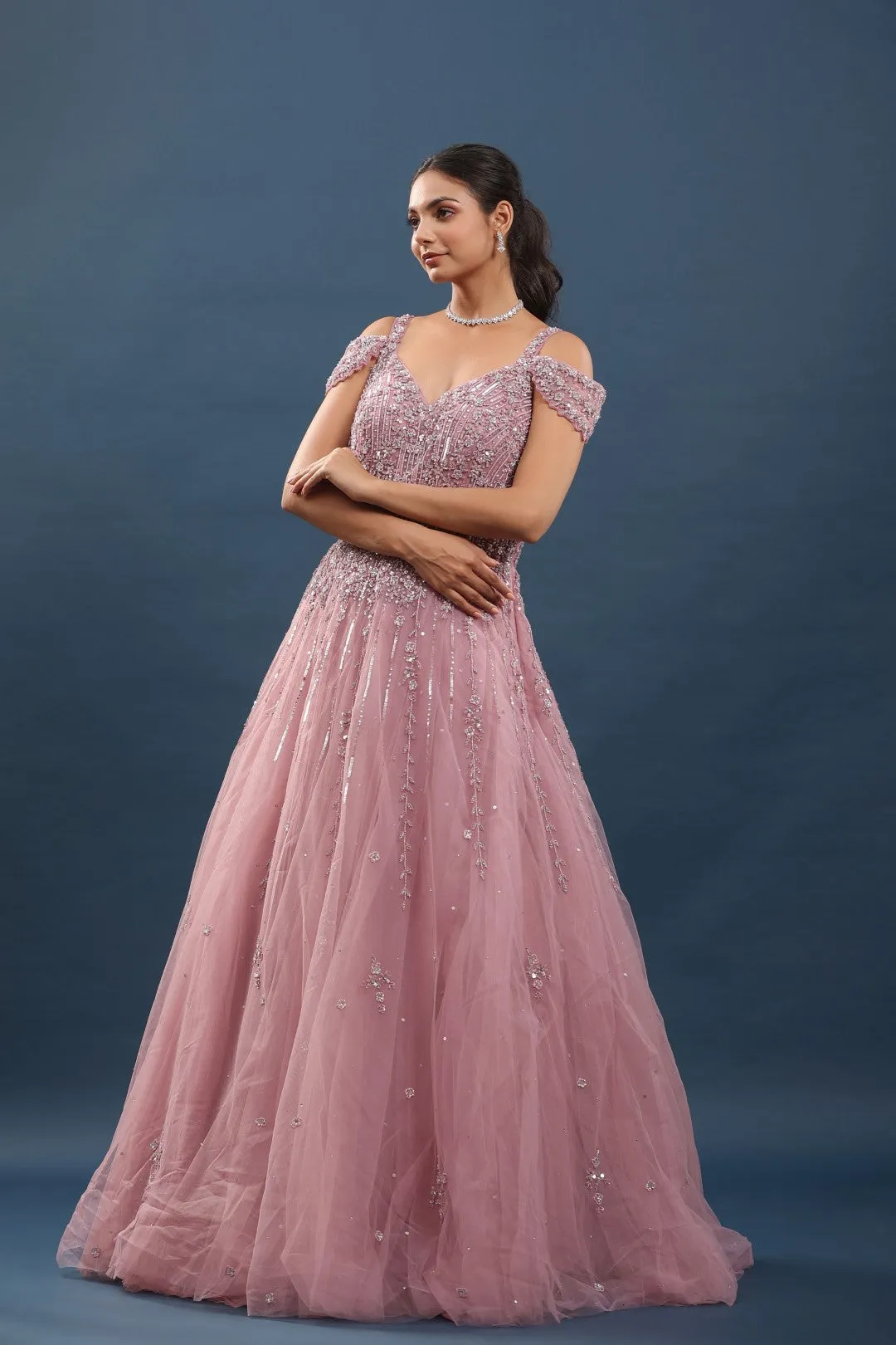 Onion Pink Beads and Resham Embroidered Gown with Cold Shoulder