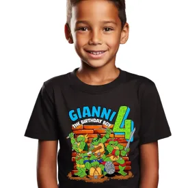 Personalized Brave Turtles t-shirts, with age and name for ninja kids' birthdays, supplies and decoration for ninja birthday parties.