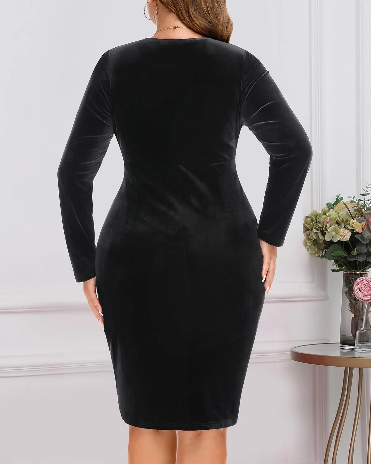 Pinup Fashion Plus Size Velvet Dress Long Sleeve Wrap V Neck Bodycon Sexy Ruched Cocktail Party Mini Dresses Women