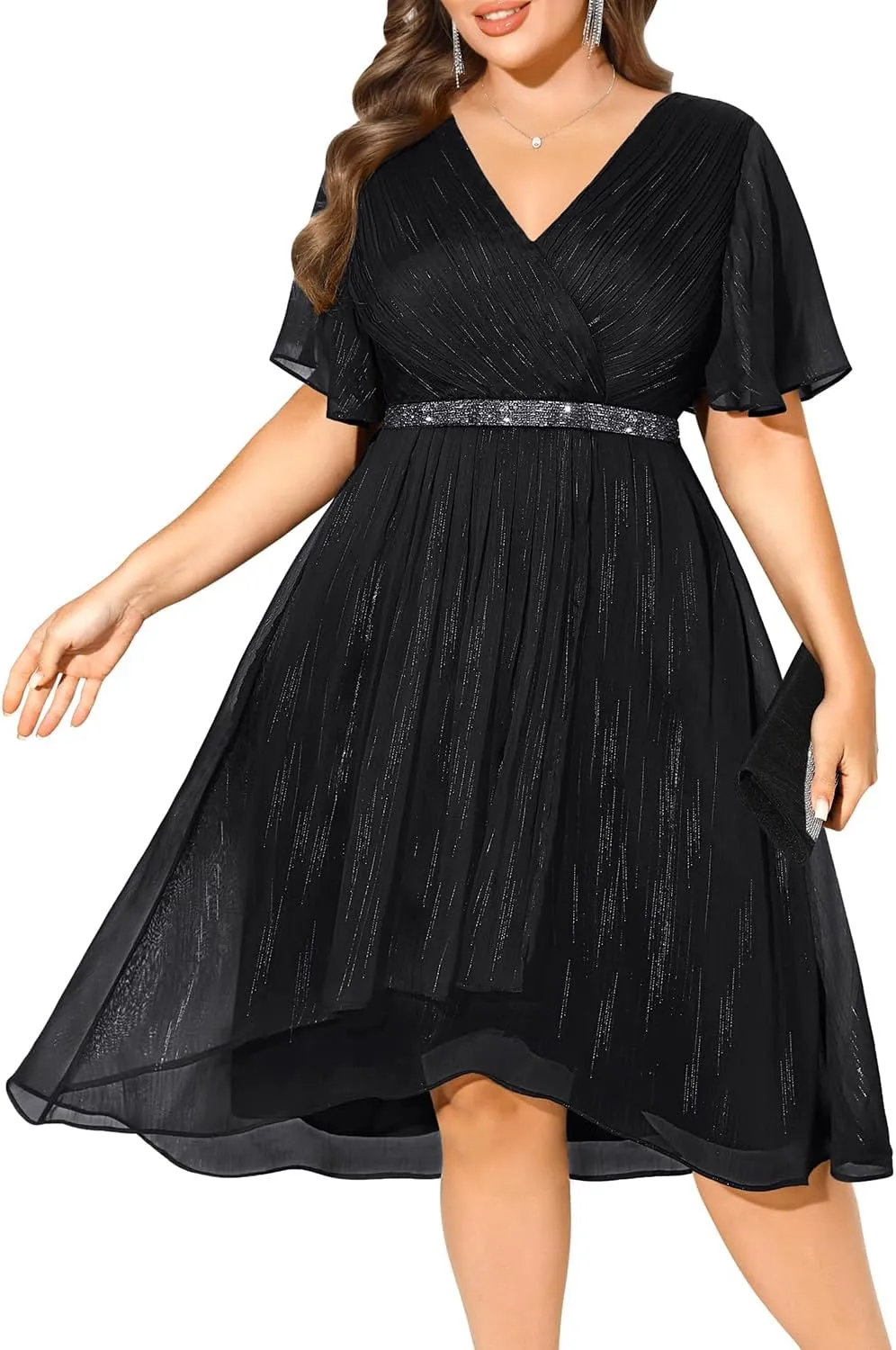 Pinup Fashion Women Plus Size Cocktail Dress - Formal Wedding Guest High Low Pleated Wrap V Neck Dresses 2025