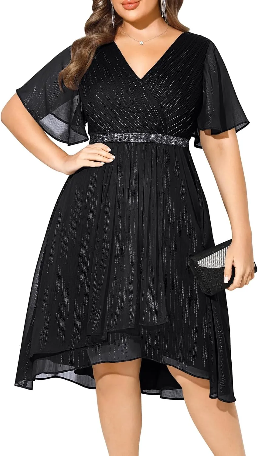 Pinup Fashion Women Plus Size Cocktail Dress - Formal Wedding Guest High Low Pleated Wrap V Neck Dresses 2025