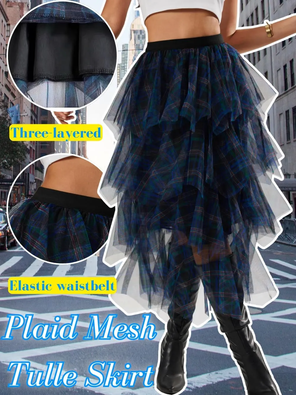 Plaid Tulle Skirt for Women,High Waisted Layered Ruffle Midi Skirts,Goth Festival Outfit Halloween Costume