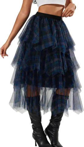Plaid Tulle Skirt for Women,High Waisted Layered Ruffle Midi Skirts,Goth Festival Outfit Halloween Costume