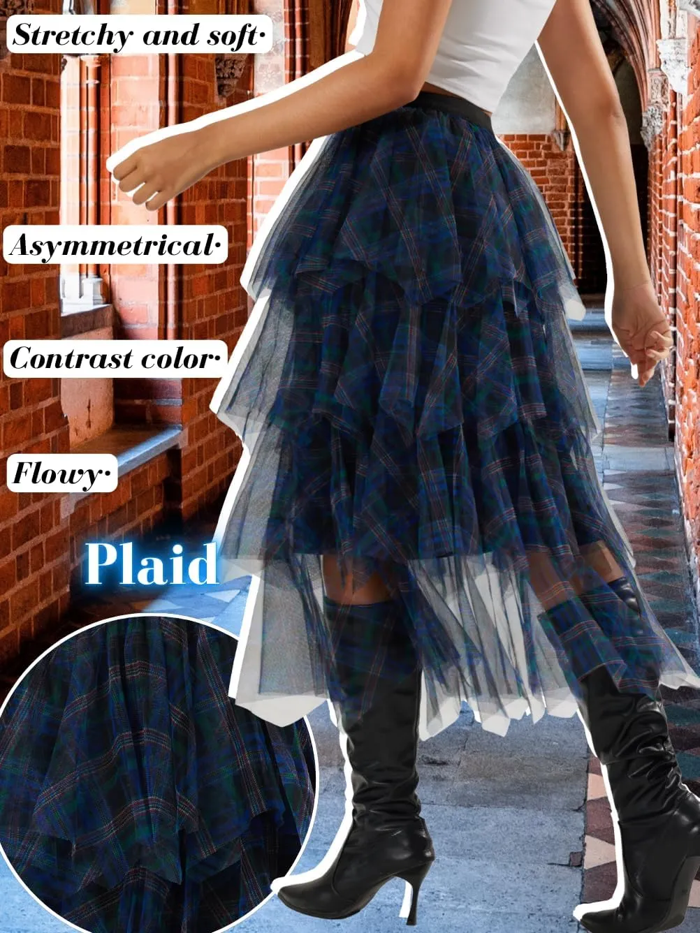 Plaid Tulle Skirt for Women,High Waisted Layered Ruffle Midi Skirts,Goth Festival Outfit Halloween Costume