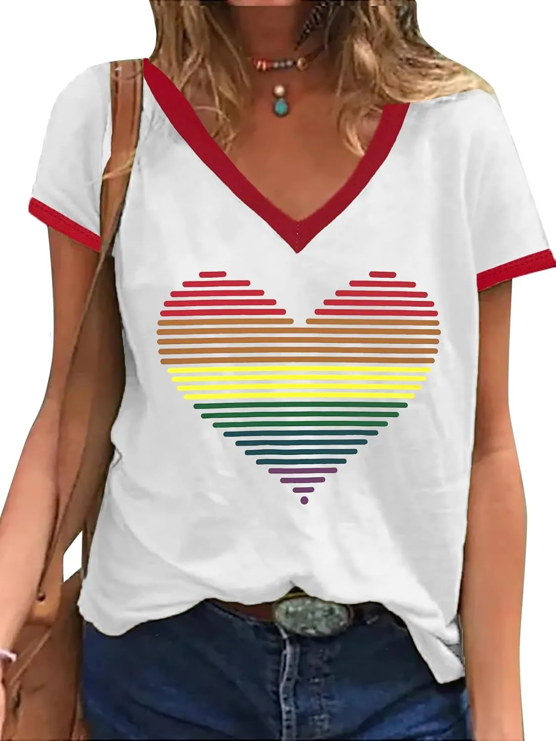 Pride Shirt for Women Rainbow Graphic T-Shirt LGBT Equality Tee Summer Short Sleeve V Neck Tops