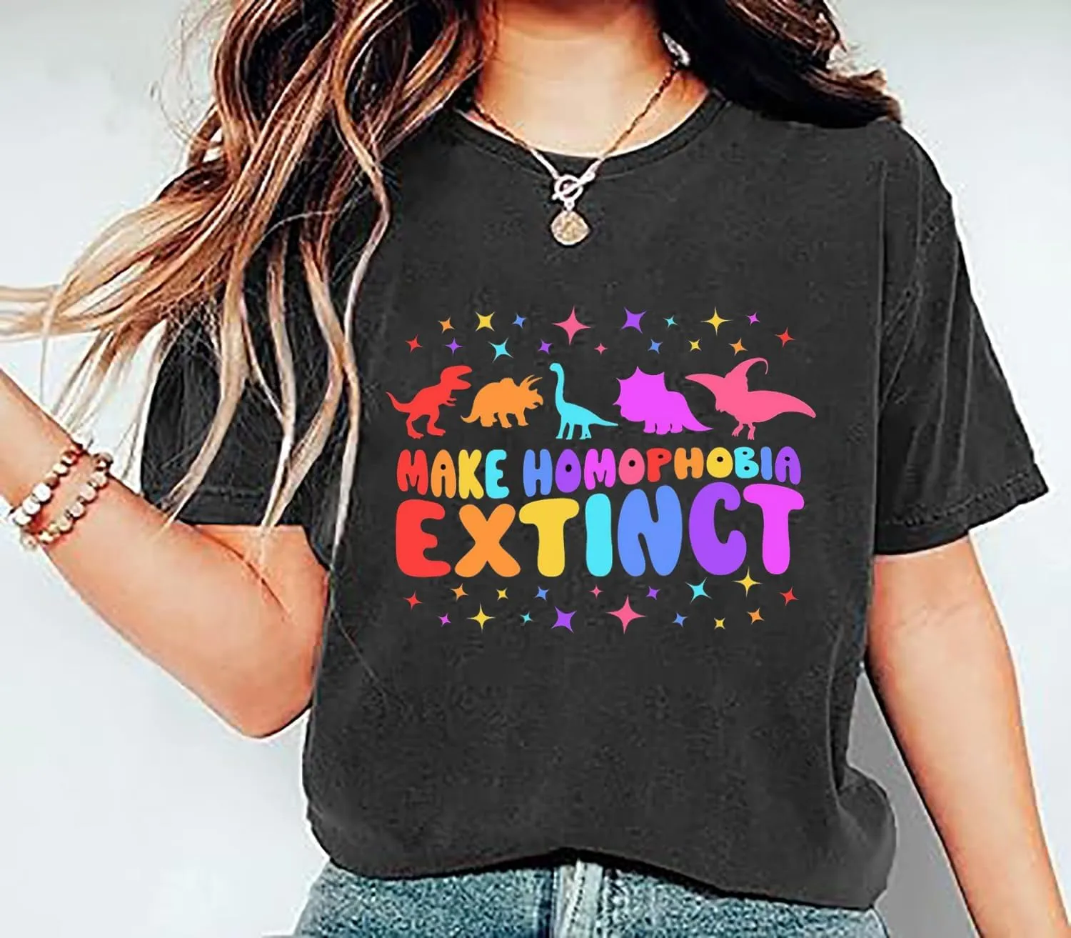 Pride T-Shirt Women Make Homophobia Extinct Rainbow Graphic Tee LGBTQ Equality Shirt Gay Pride Month Short Sleeve Top