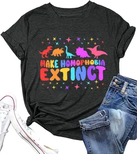 Pride T-Shirt Women Make Homophobia Extinct Rainbow Graphic Tee LGBTQ Equality Shirt Gay Pride Month Short Sleeve Top