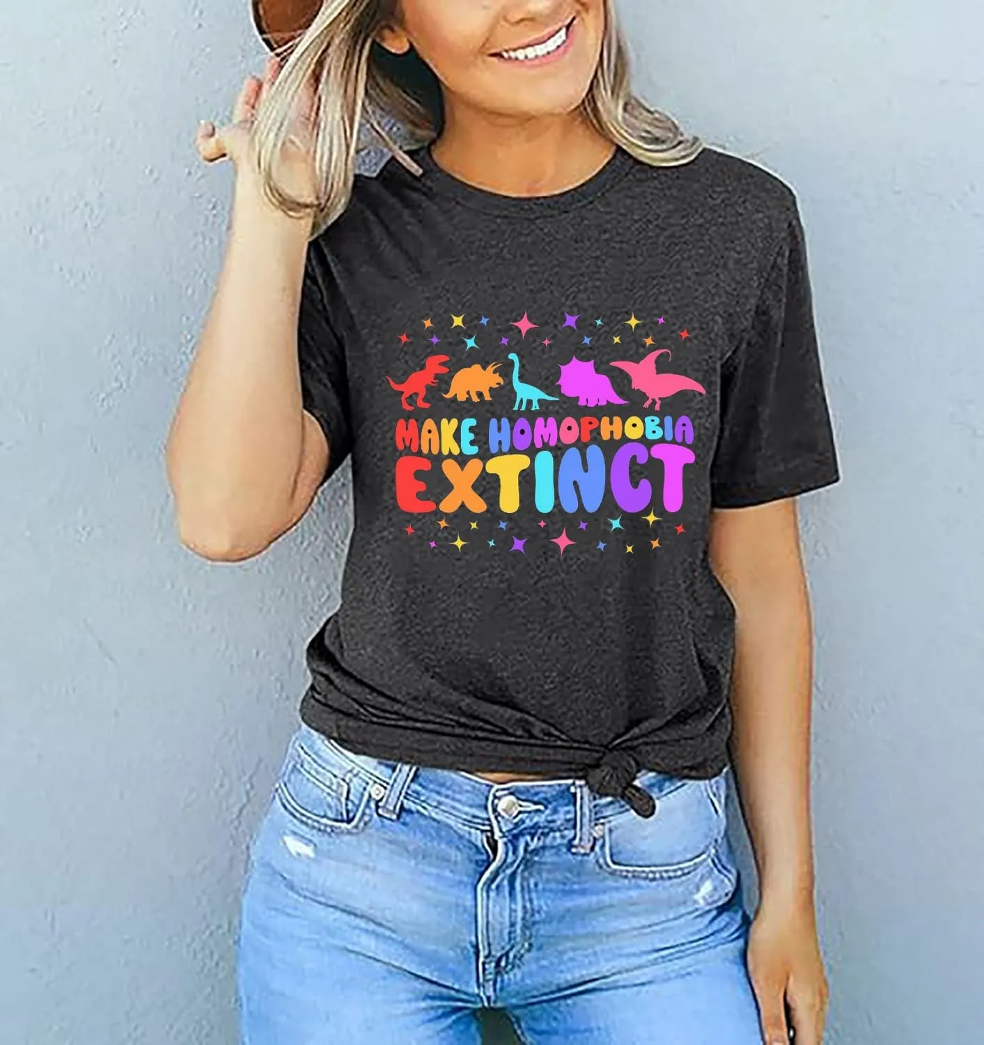 Pride T-Shirt Women Make Homophobia Extinct Rainbow Graphic Tee LGBTQ Equality Shirt Gay Pride Month Short Sleeve Top