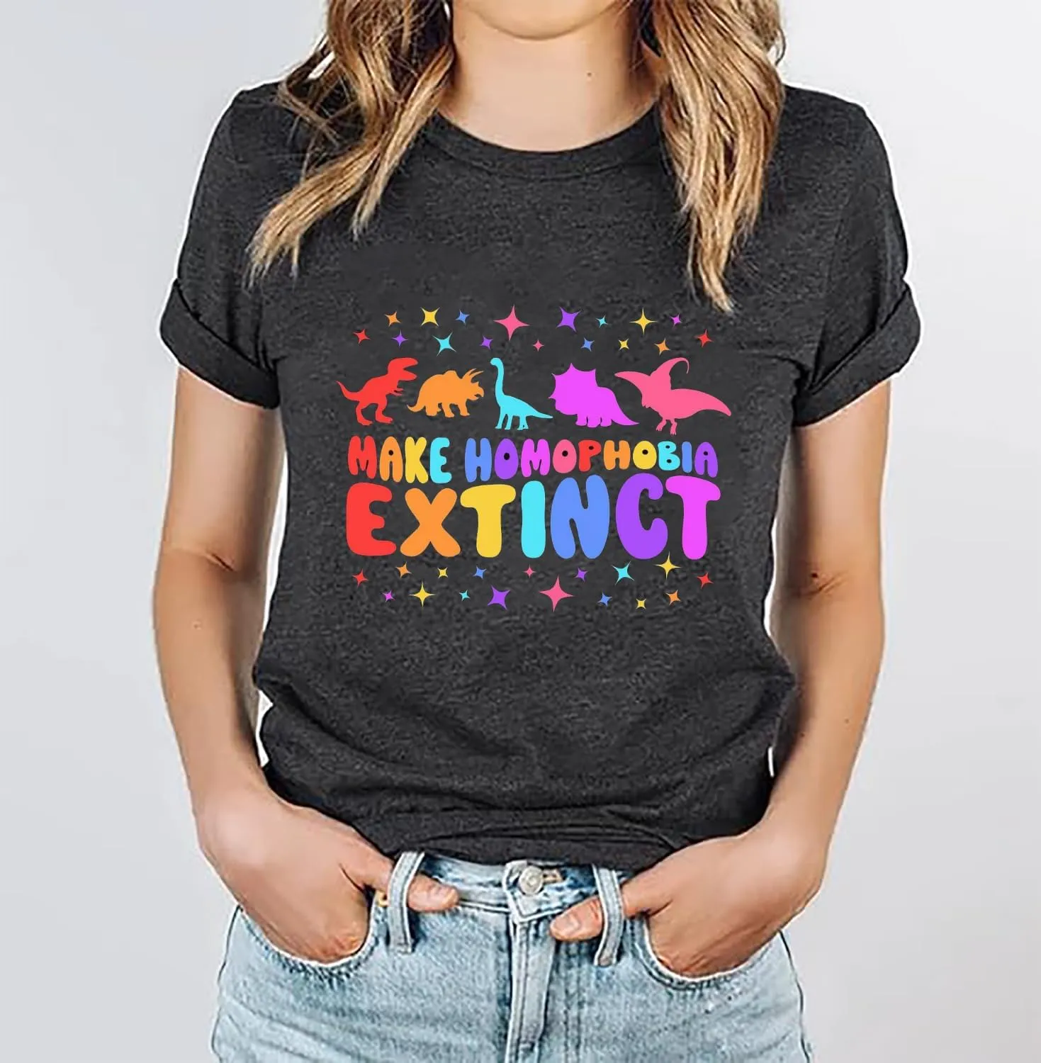Pride T-Shirt Women Make Homophobia Extinct Rainbow Graphic Tee LGBTQ Equality Shirt Gay Pride Month Short Sleeve Top