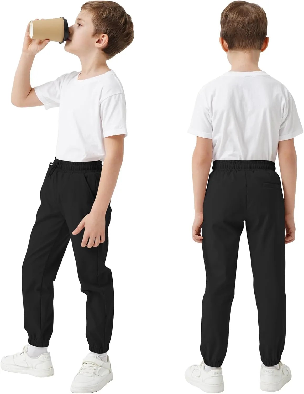 QBK School Uniform Pants for Boys & Girls 3T-16, Elastic Waist & Drawstring Joggers, Water-Repellent and 3 Pockets
