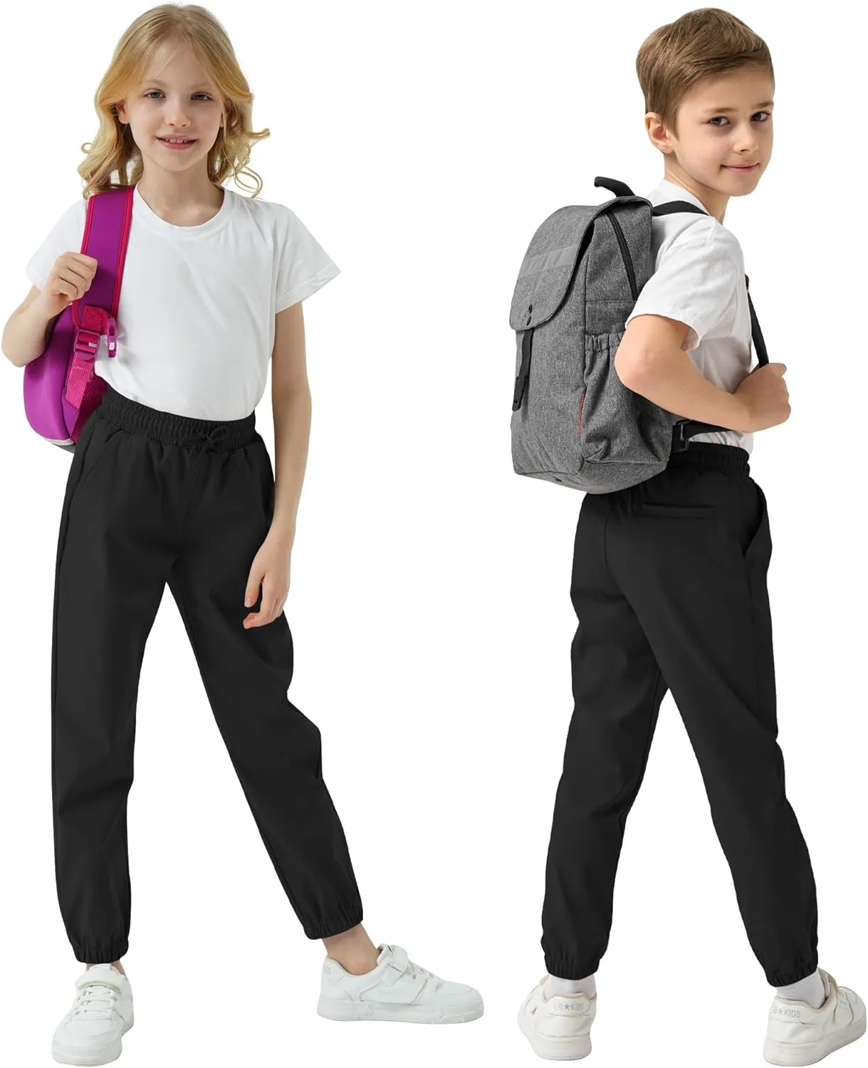 QBK School Uniform Pants for Boys & Girls 3T-16, Elastic Waist & Drawstring Joggers, Water-Repellent and 3 Pockets