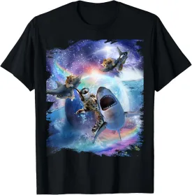 Rainbow Galaxy Cat Riding Shark in Space T-Shirt