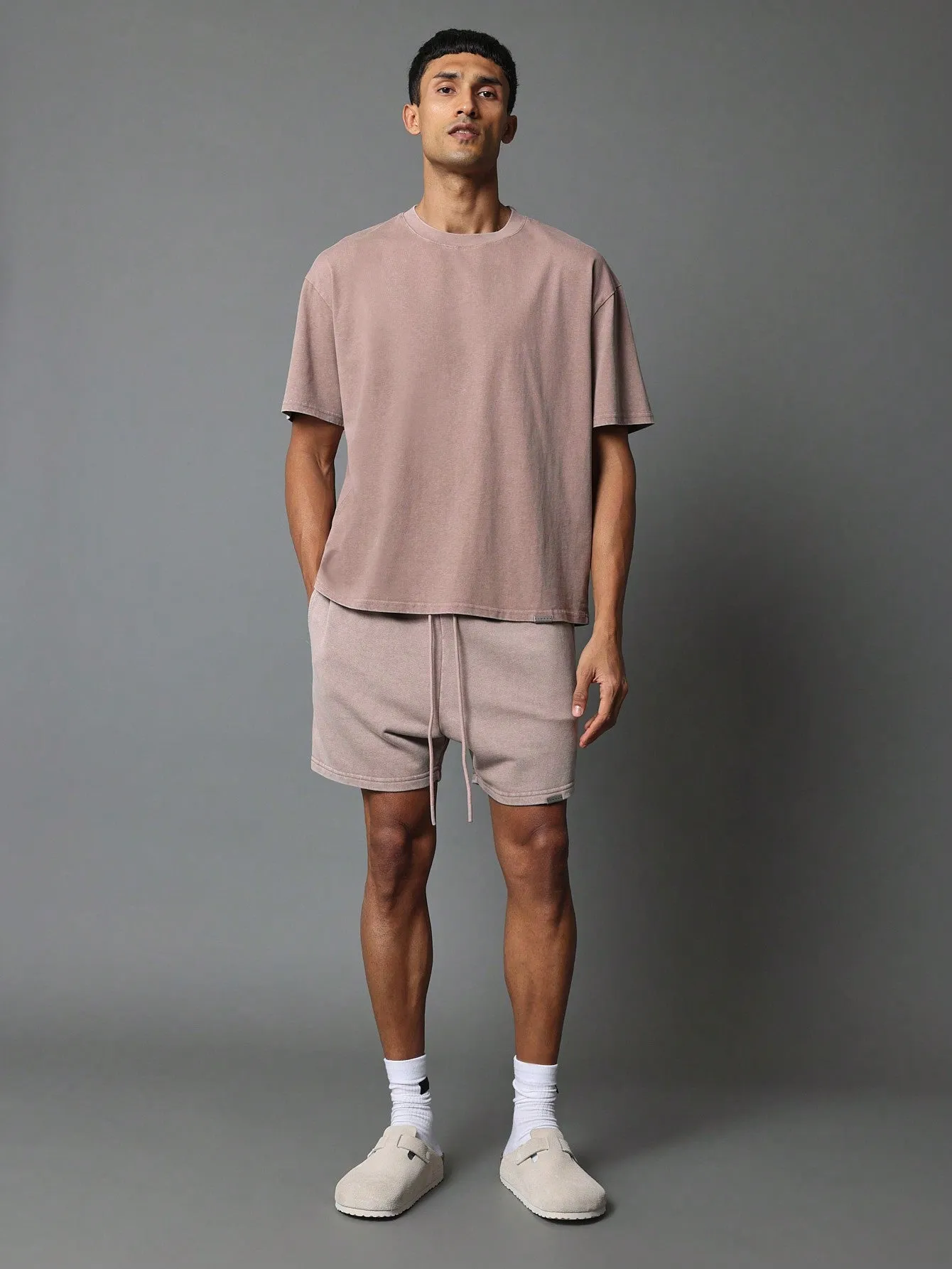 Regular Fit Short Sleeve Washed Tee And Short With Number Graphic Print 2 Piece Set