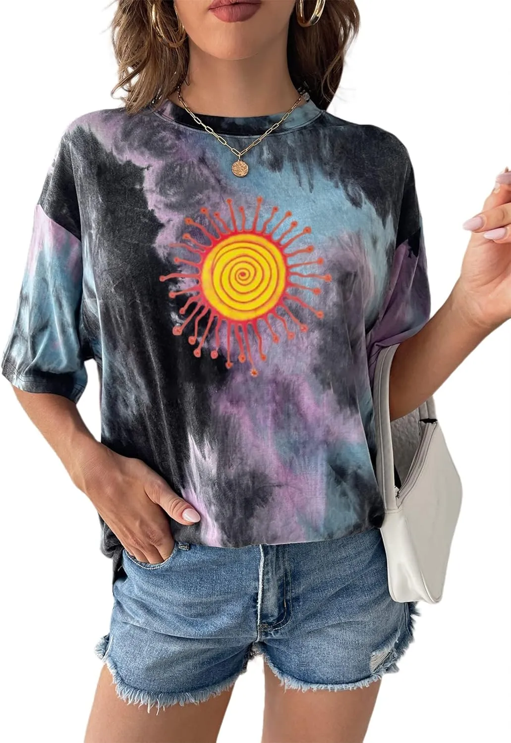 Remidoo Women's Casual Crewneck Short Sleeve Sun and Moon Print Tie Dye Oversized Graphic Top T-Shirt