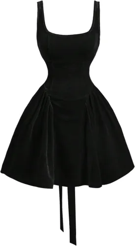 SHENHE Women's Velvet Backless Square Neck Big Bow Fit and Flare Flowy Party Dress