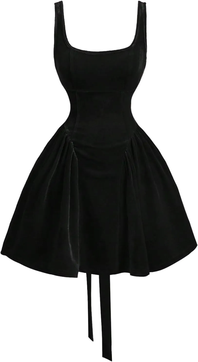 SHENHE Women's Velvet Backless Square Neck Big Bow Fit and Flare Flowy Party Dress