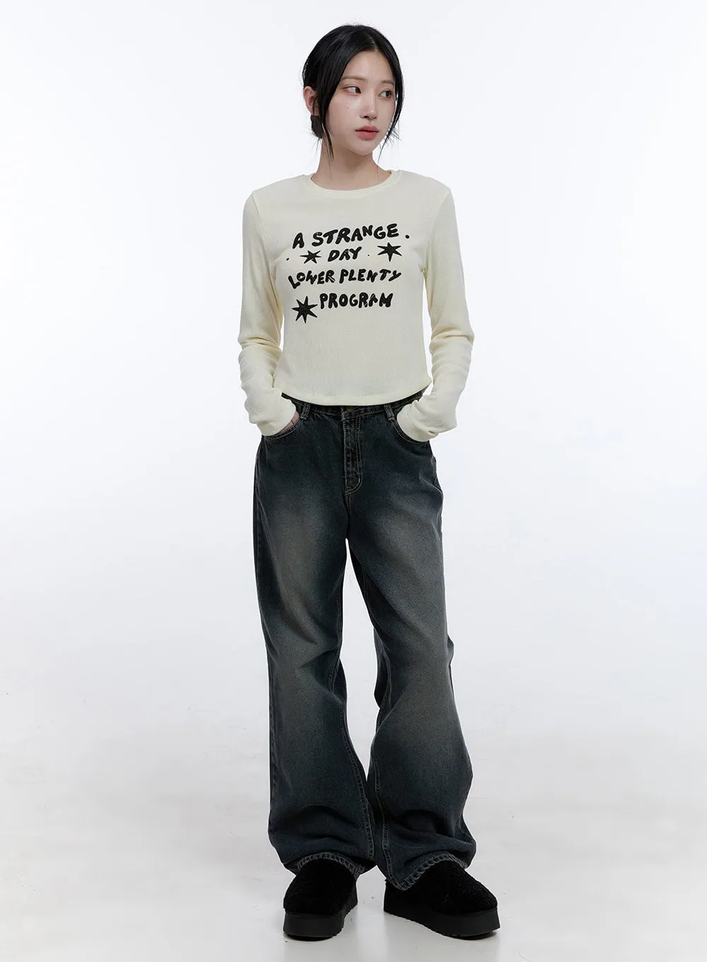 Simple Lettering Long Sleeve Top CD416
