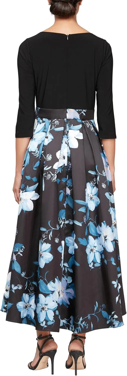 S.L. Fashions Women's Floral High-Low Gown with Pockets and Stretch Bodice, Wedding Guest Dress (Petite and Regular Sizes)
