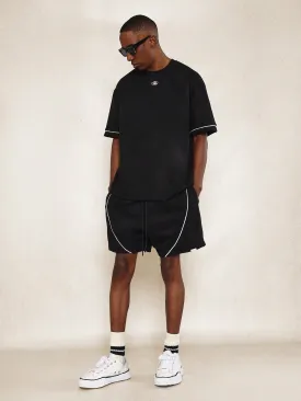 Suedette Tee And Drop Crotch Short With Piping & Small Graphic Print 2 Piece Set