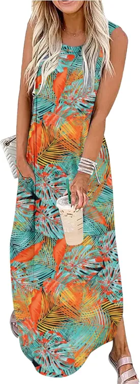 Summer Dresses for Women 2025 Beach Vacation Dress Boho Floral Sundresses Ladies Tropical Pockets Maxi Dress