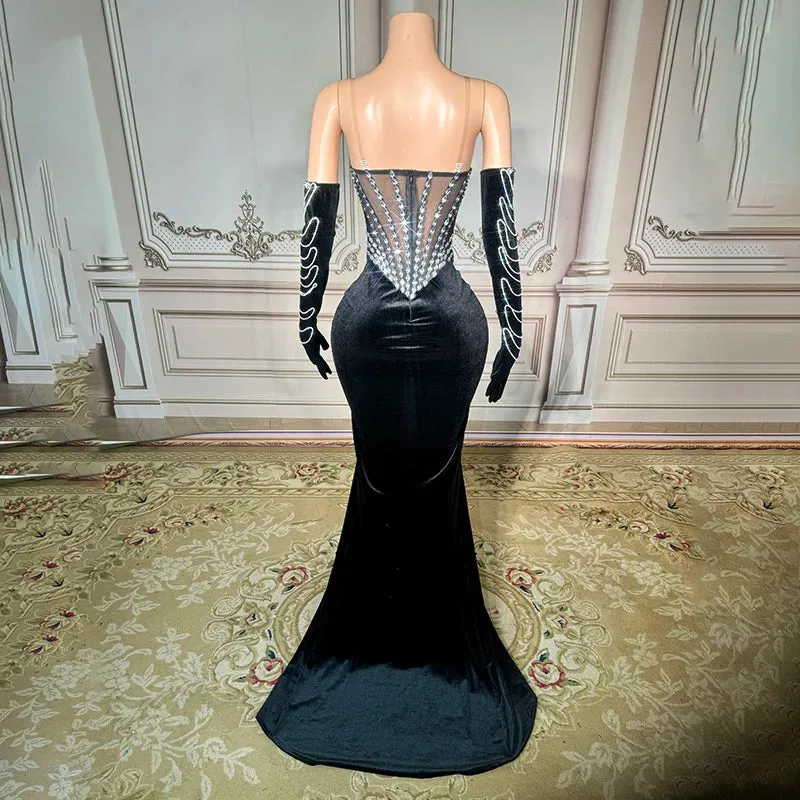 Trend4us Women's Luxury Beaded Crystal Velvet High-Slit Gown