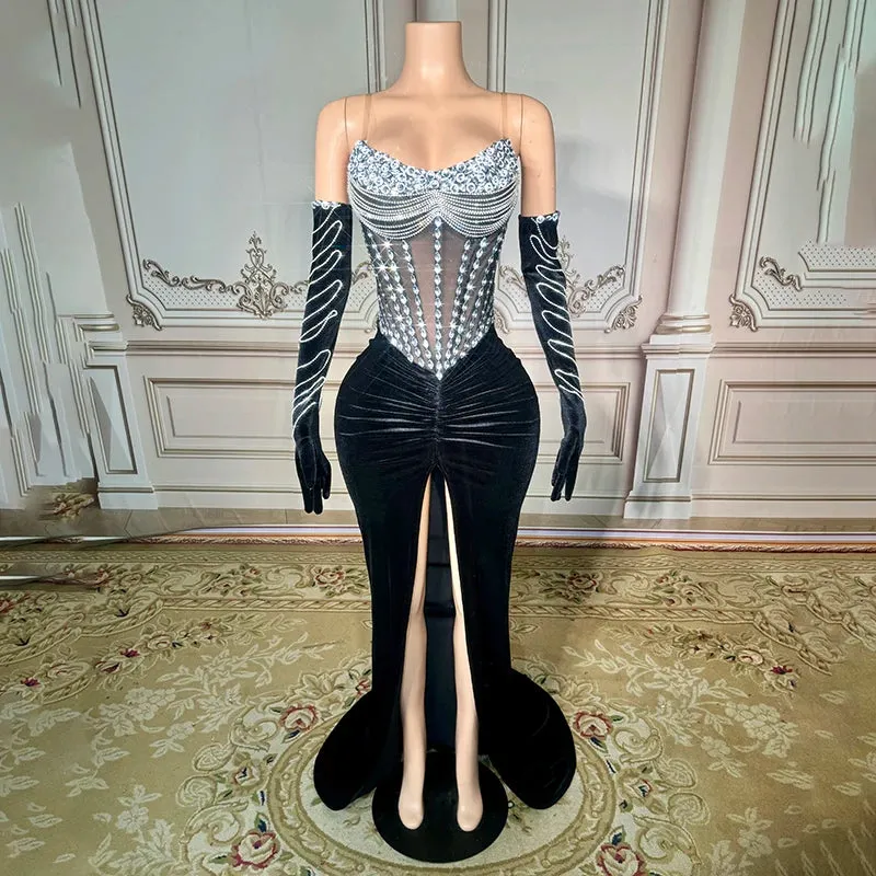Trend4us Women's Luxury Beaded Crystal Velvet High-Slit Gown