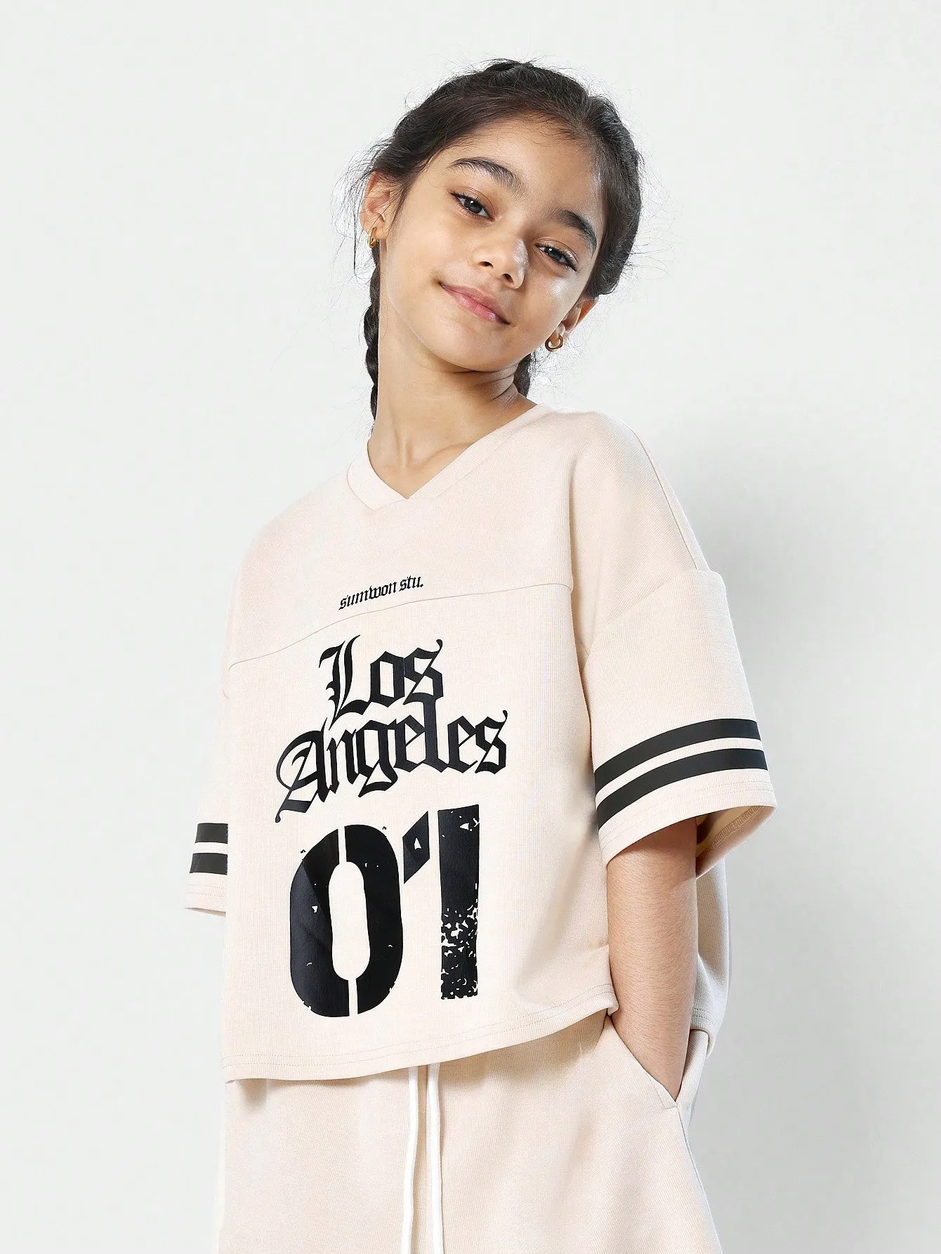 Tween Girls Boxy Fit Baller Tee And Short With Los Angeles & Number Graphic Print 2 Piece Set
