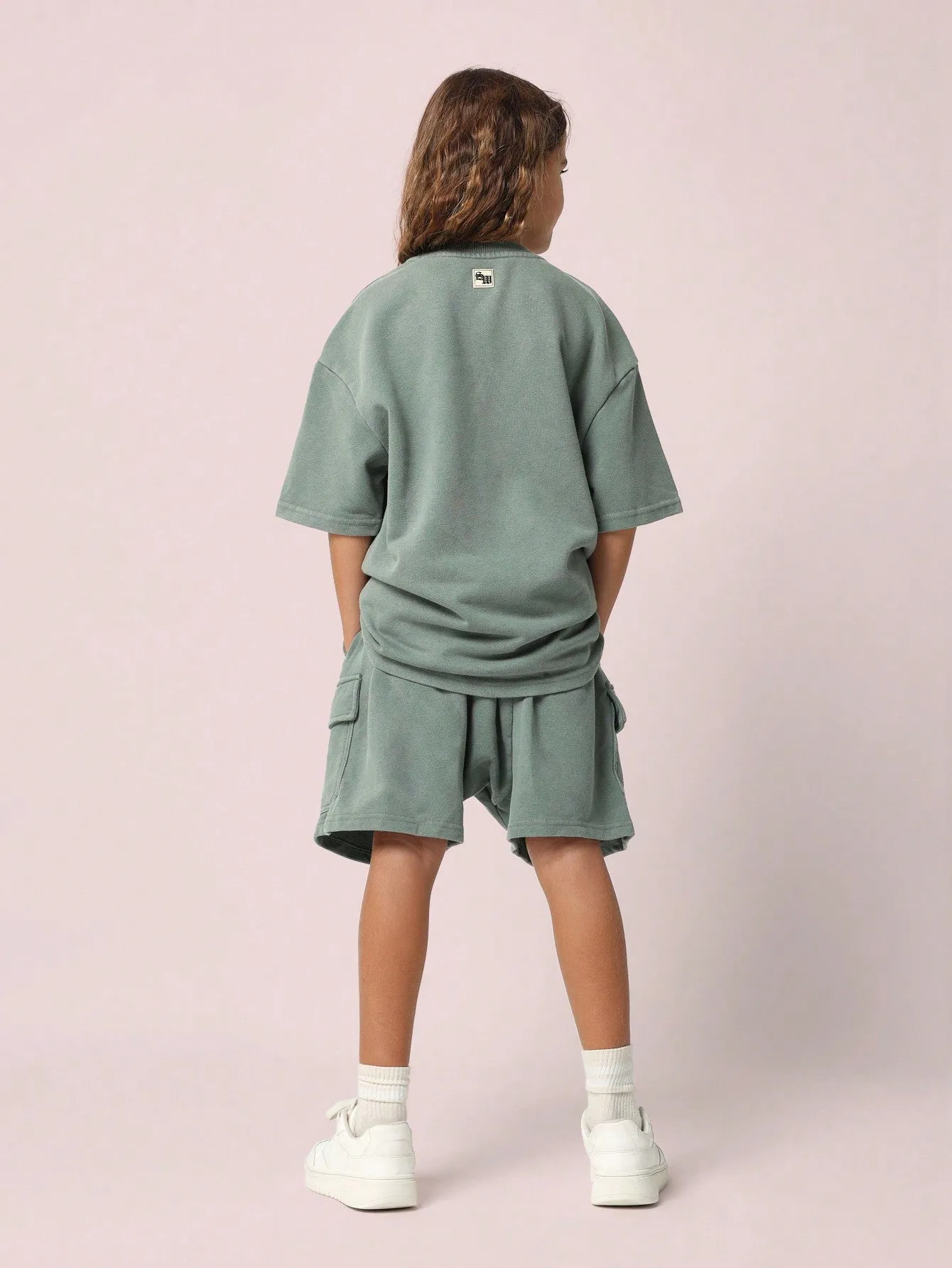Tween Girls Oversized Graphic Print Tee And Drop Crotch Cargo Short 2 Piece Set