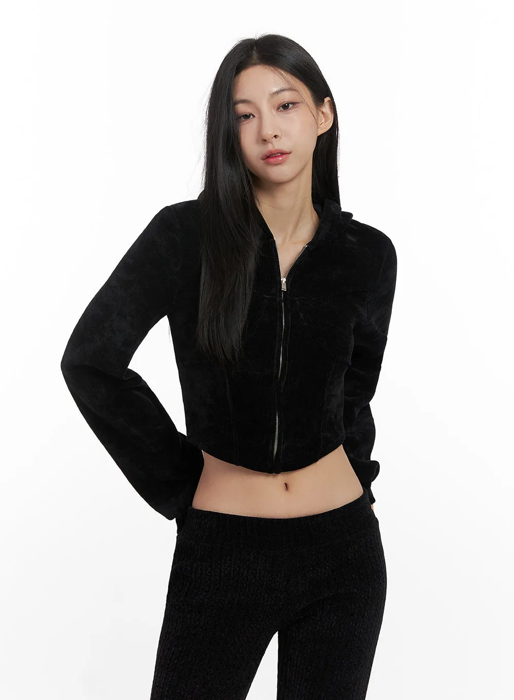 Velvety Zip-Up Cropped Hoodie CN426