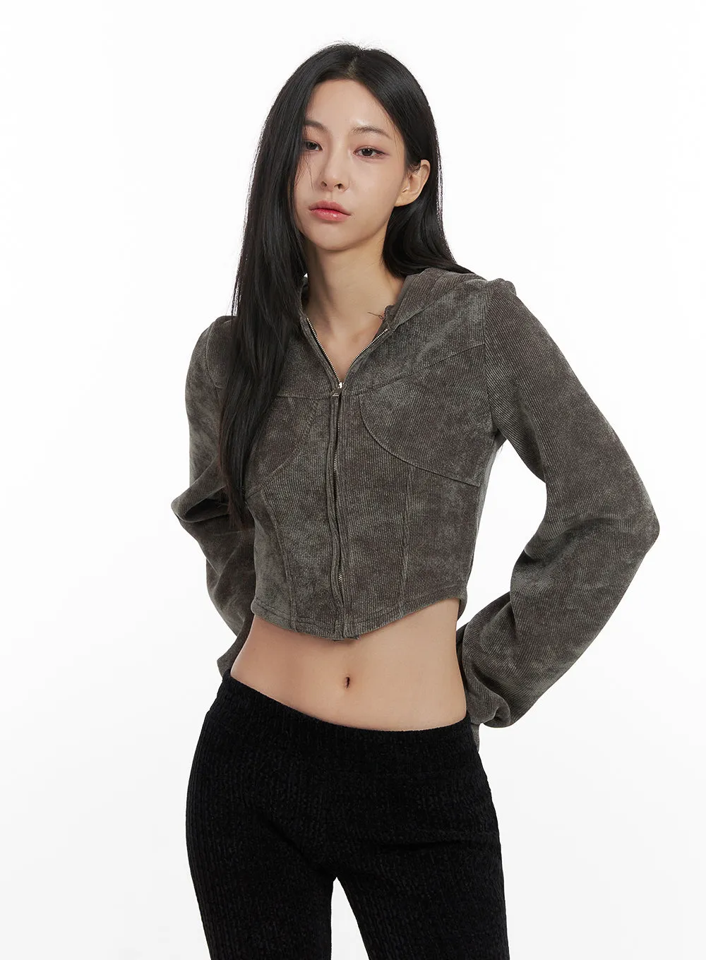 Velvety Zip-Up Cropped Hoodie CN426