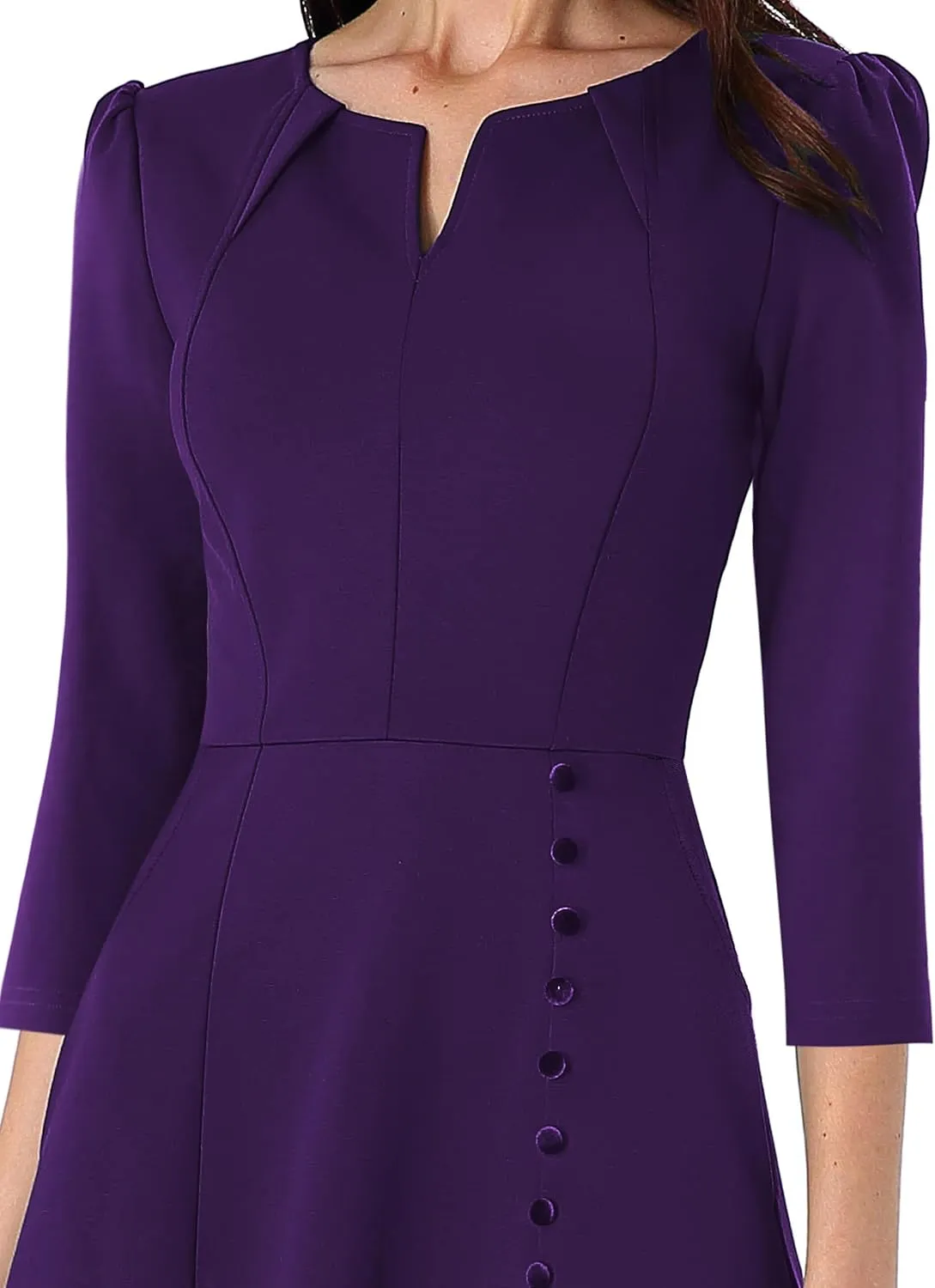VFSHOW Womens Pleated Notch Neck Front Slit Buttons Pockets Office Business Work Slim Fit A-line Fit and Flare Midi Dress