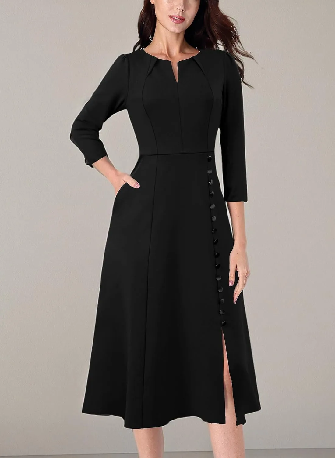 VFSHOW Womens Pleated Notch Neck Front Slit Buttons Pockets Office Business Work Slim Fit A-line Fit and Flare Midi Dress