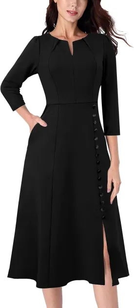 VFSHOW Womens Pleated Notch Neck Front Slit Buttons Pockets Office Business Work Slim Fit A-line Fit and Flare Midi Dress