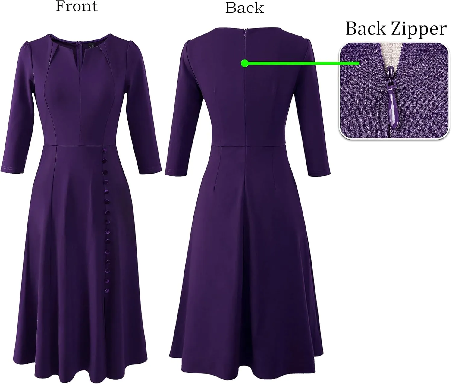 VFSHOW Womens Pleated Notch Neck Front Slit Buttons Pockets Office Business Work Slim Fit A-line Fit and Flare Midi Dress