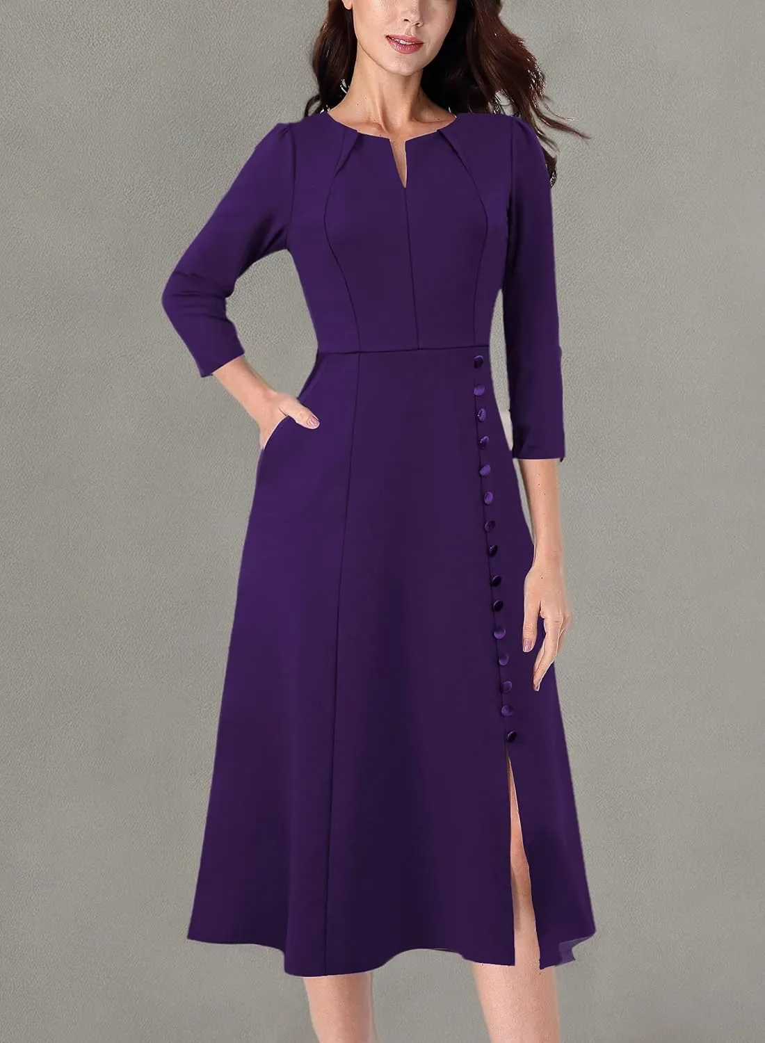 VFSHOW Womens Pleated Notch Neck Front Slit Buttons Pockets Office Business Work Slim Fit A-line Fit and Flare Midi Dress