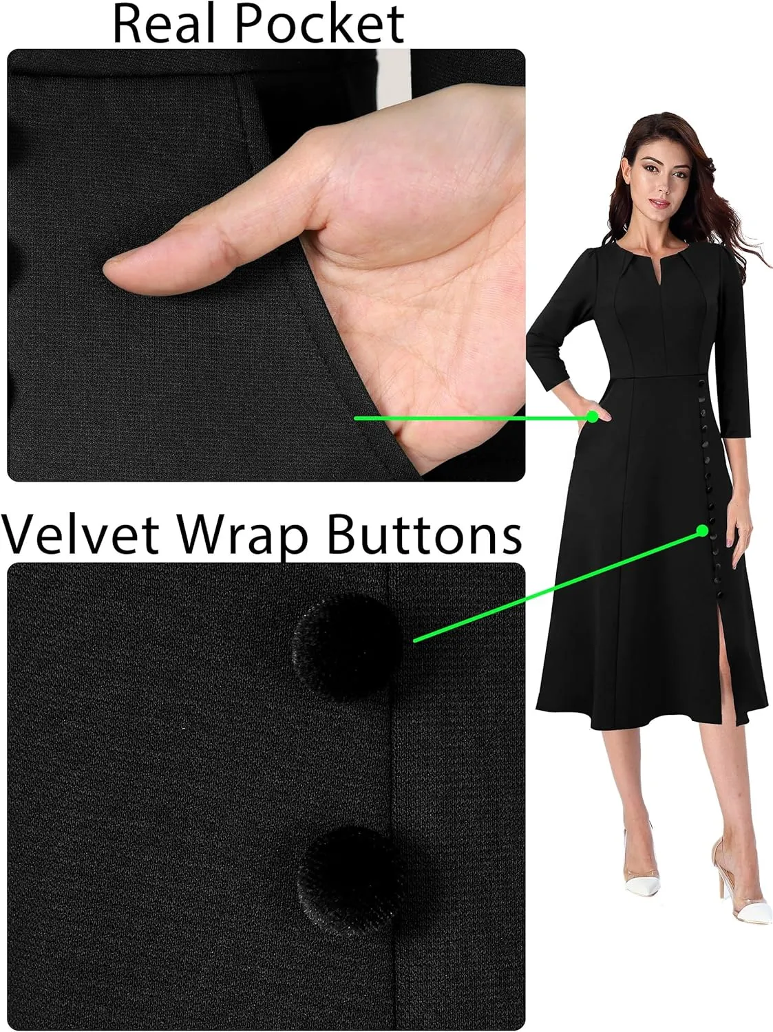 VFSHOW Womens Pleated Notch Neck Front Slit Buttons Pockets Office Business Work Slim Fit A-line Fit and Flare Midi Dress