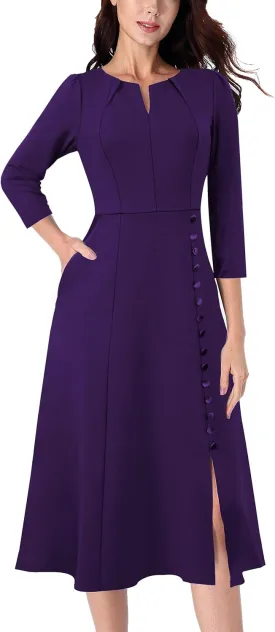 VFSHOW Womens Pleated Notch Neck Front Slit Buttons Pockets Office Business Work Slim Fit A-line Fit and Flare Midi Dress