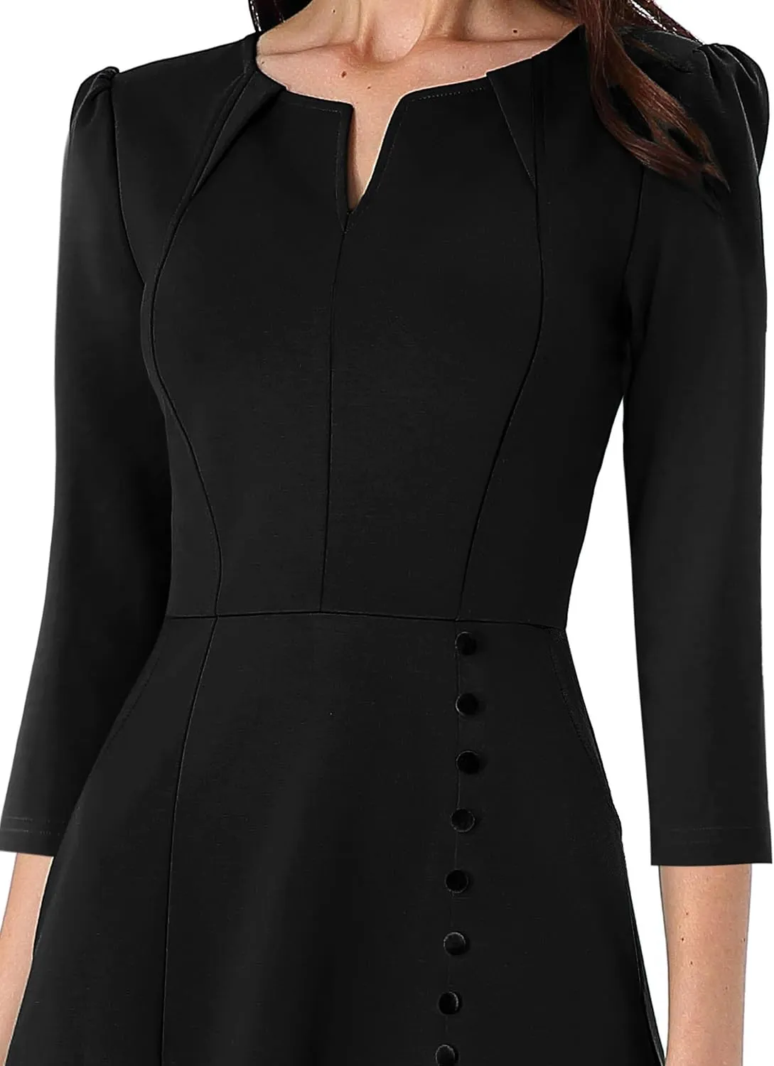 VFSHOW Womens Pleated Notch Neck Front Slit Buttons Pockets Office Business Work Slim Fit A-line Fit and Flare Midi Dress