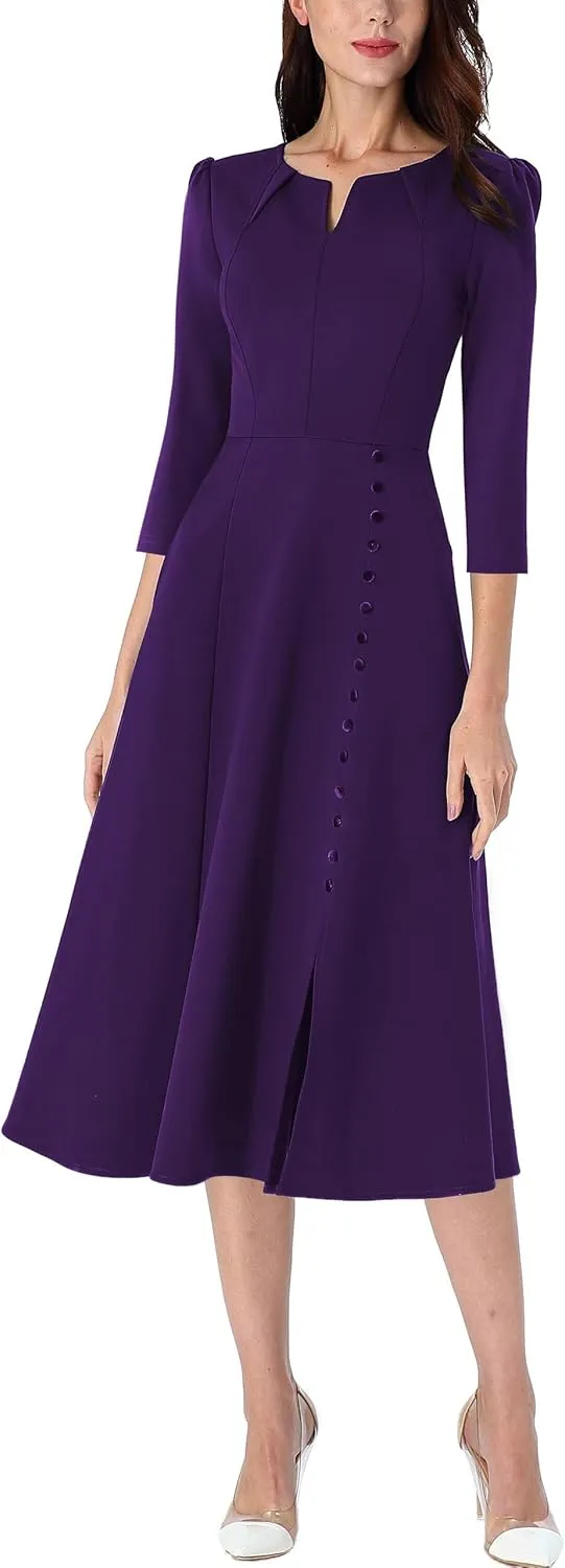 VFSHOW Womens Pleated Notch Neck Front Slit Buttons Pockets Office Business Work Slim Fit A-line Fit and Flare Midi Dress