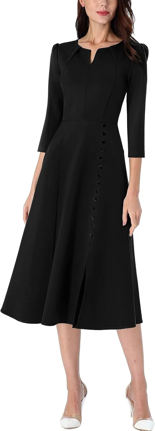 VFSHOW Womens Pleated Notch Neck Front Slit Buttons Pockets Office Business Work Slim Fit A-line Fit and Flare Midi Dress