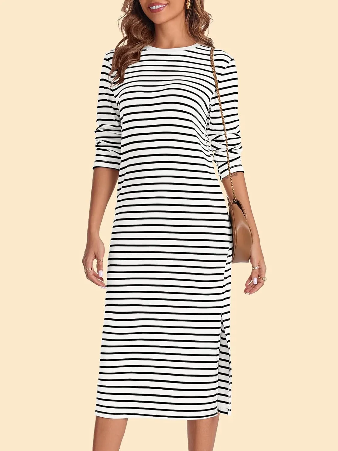 Wenrine Womens Striped Midi Dress Casual Long Sleeve Side Slit Loose T Shirt Dresses