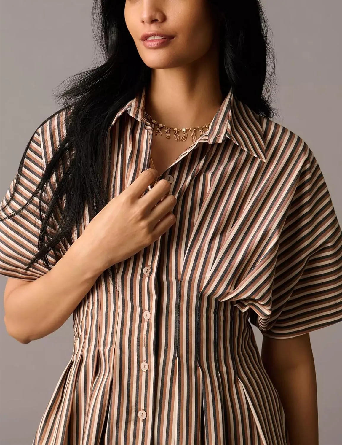 Women Casual Striped Button Down Pleated Shirt Maxi Dress Summer Lapel V Neck Short Sleeve Empire Waist Long Dress