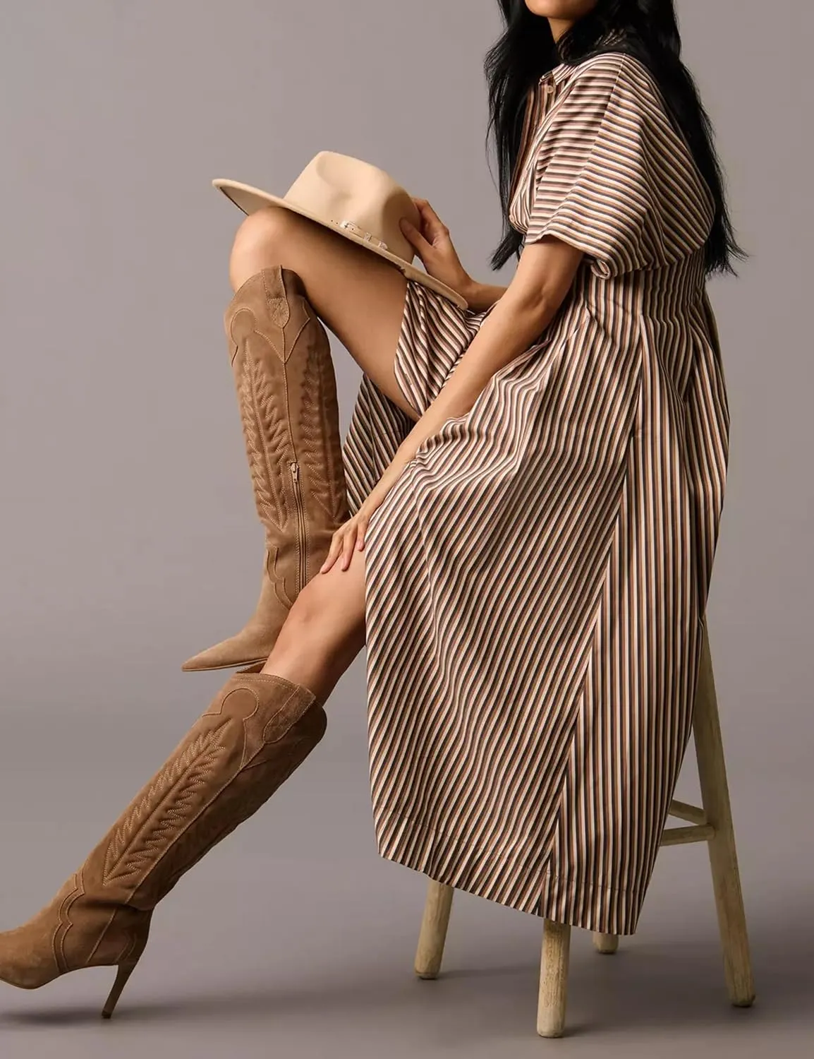 Women Casual Striped Button Down Pleated Shirt Maxi Dress Summer Lapel V Neck Short Sleeve Empire Waist Long Dress