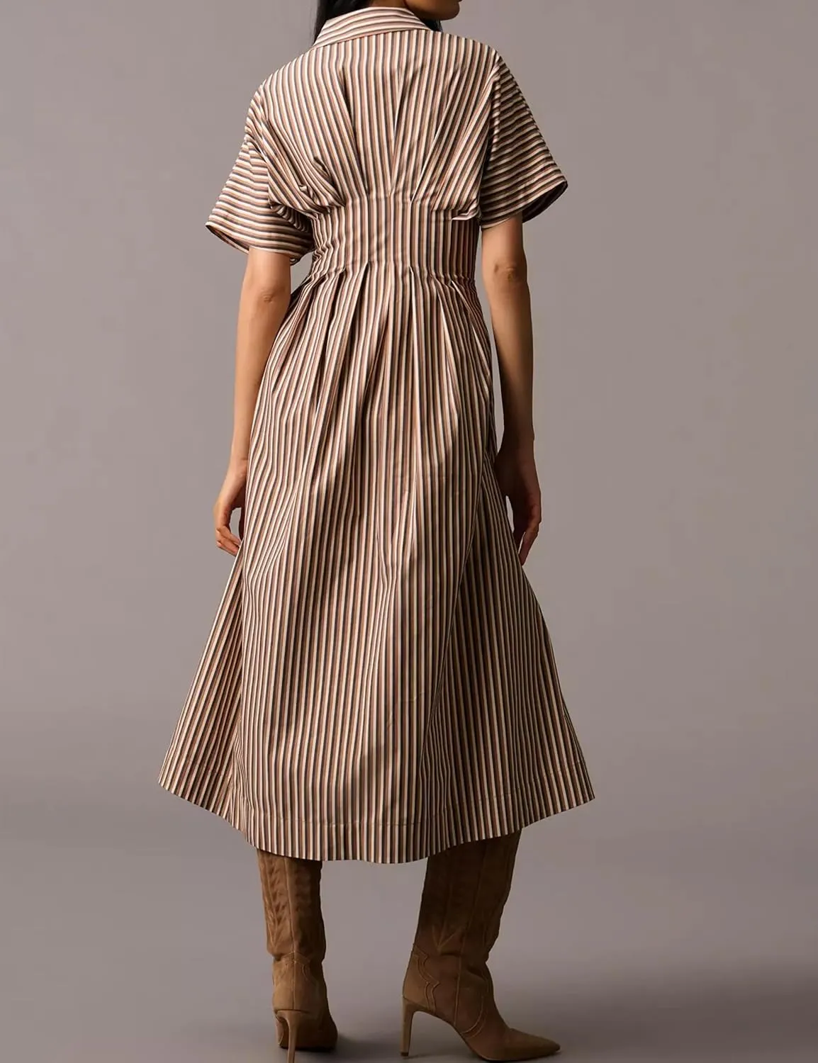 Women Casual Striped Button Down Pleated Shirt Maxi Dress Summer Lapel V Neck Short Sleeve Empire Waist Long Dress
