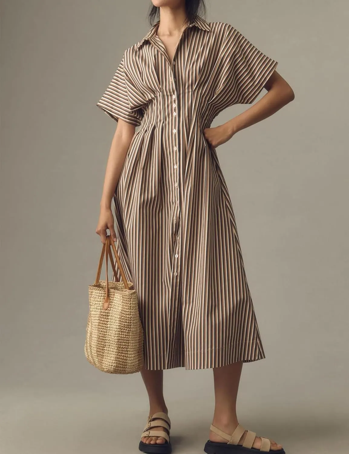 Women Casual Striped Button Down Pleated Shirt Maxi Dress Summer Lapel V Neck Short Sleeve Empire Waist Long Dress