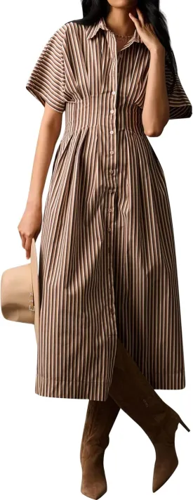 Women Casual Striped Button Down Pleated Shirt Maxi Dress Summer Lapel V Neck Short Sleeve Empire Waist Long Dress